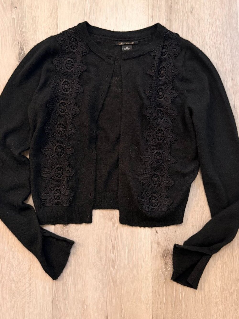Lucky Brand Black Lace Overlay Open Front Shrug Cardigan